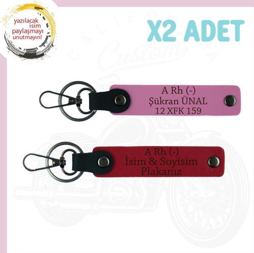 Kırmızı-Pembe, Motorsiklet Kullanıcılarına, İsim Plaka ve A Rh (-) Kan Grubu Yazılı 2'li Anahtarlık