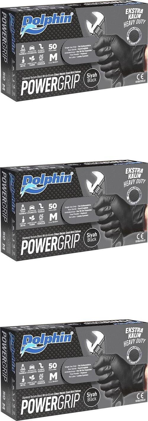 Nitril PowerGrip Ekstra Kalın Elmas Dokulu Eldiven Siyah Meidum Orta Boy - 50'li 3 Paket