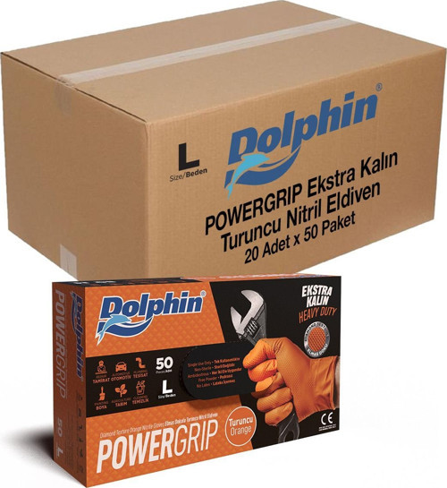 Nitril PowerGrip Ekstra Kalın Elmas Dokulu Eldiven Turuncu Large Büyük Boy - 50'li 3 Paket