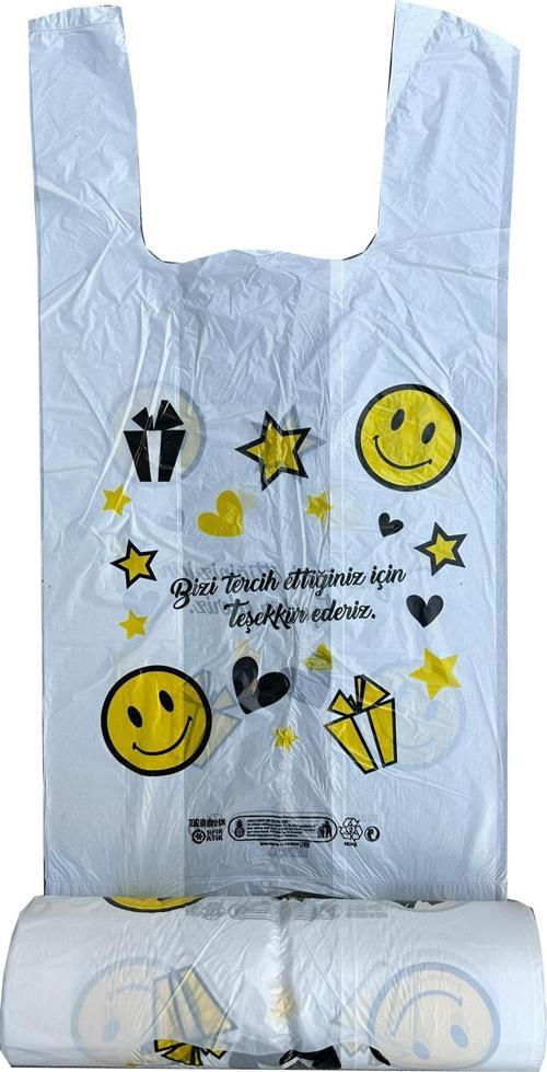 Gülen Yüz Baskılı Rulo Şeffaf Market Poşet Torba - Hışır Atlet Poşet -Küçük Boy - 200 Adet