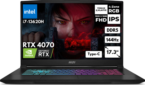 Katana 17 i7-13620H 32GB 1 TBSSD RTX4070 (8GB) 17.3" FHD 144Hz Windows 10 Home Gaming Laptop B13VGK-1030XTRHMF83