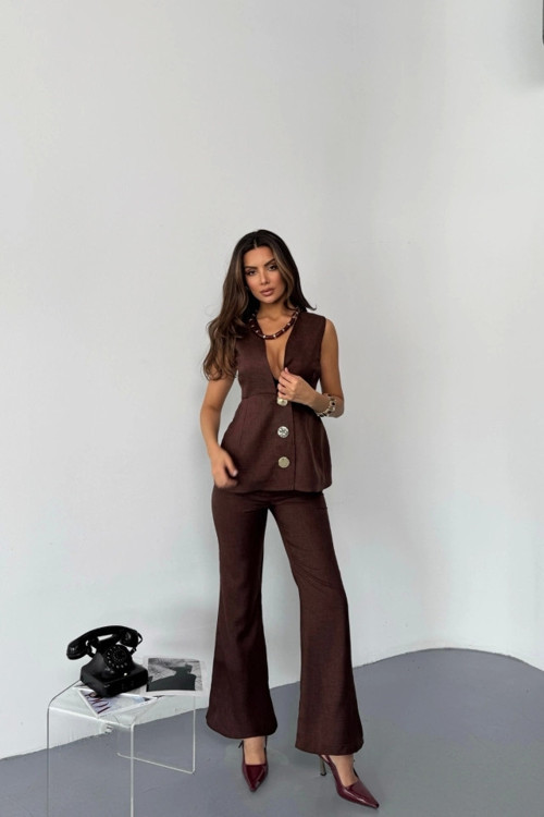 KETEN GOLD DÜĞMELİ YELEK - PANTOLON TK - Kahverengi