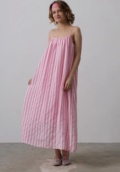 Askılı Çizgi Desen Elbise - Pembe