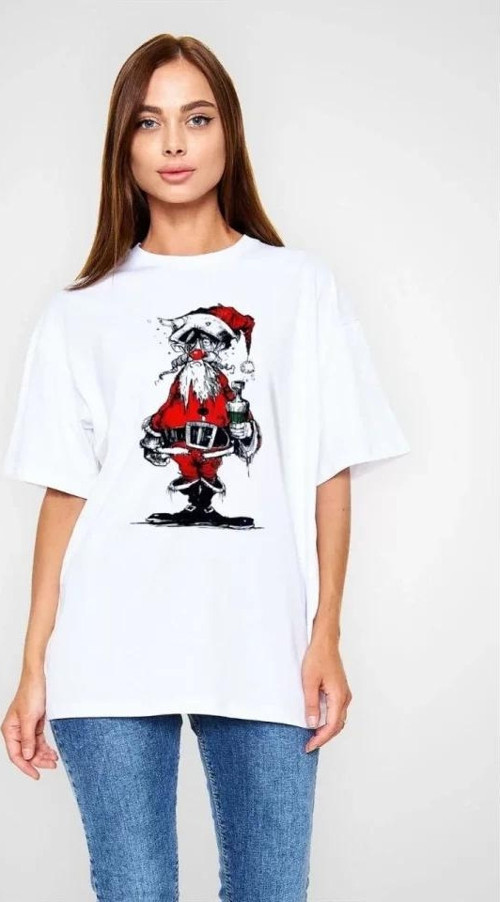 Unisex Bisiklet Yaka Baskılı Oversize T-Shirt - Beyaz