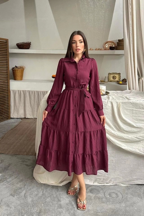 Bordo Çizgi Desenli Uzun Elbise
