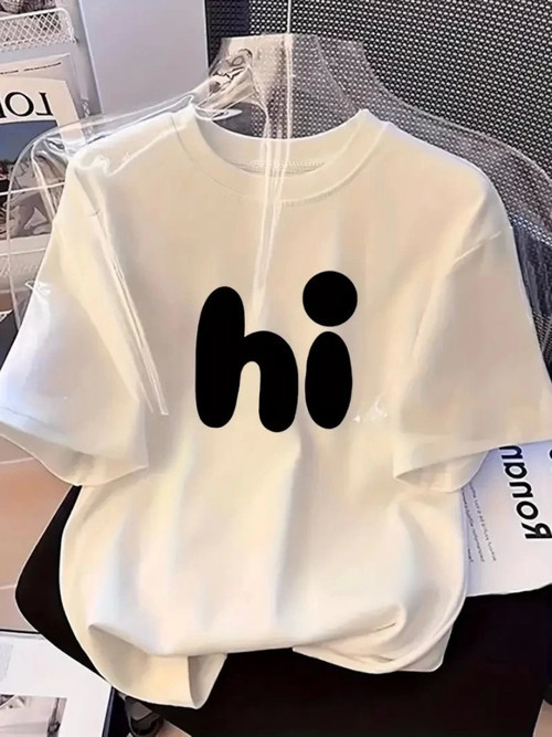 Baskılı Oversize Bisiklet Yaka T-shirt - Beyaz