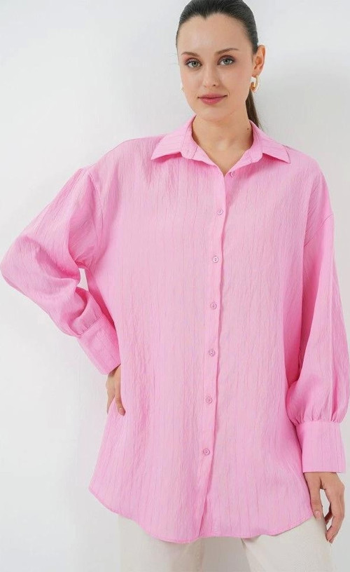 Çizgili Uzun Gömlek Tunik 5963 - Pembe