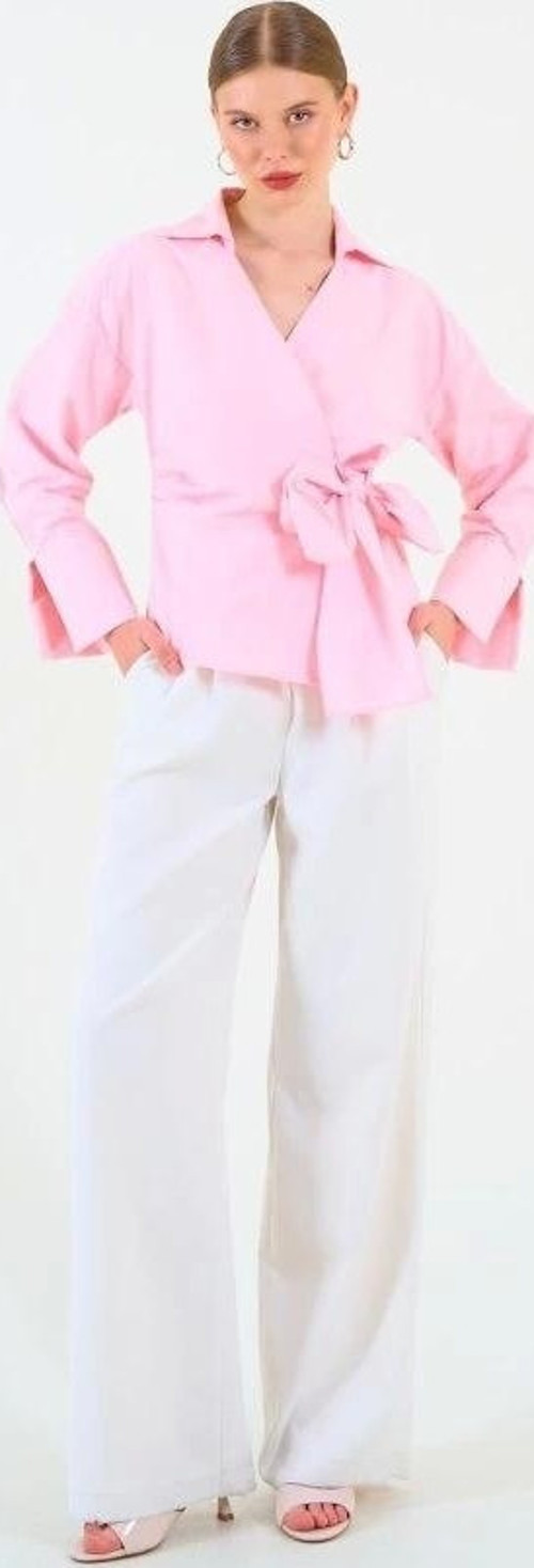 Düz Yandan Bağlamalı Gömlek - Pembe