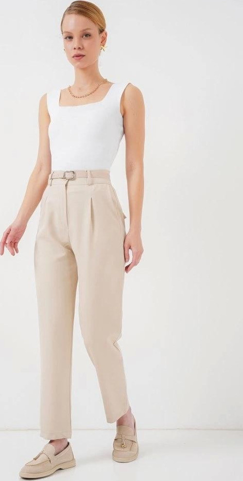 Pileli Kemerli Kumaş Pantolon 6725 - Krem