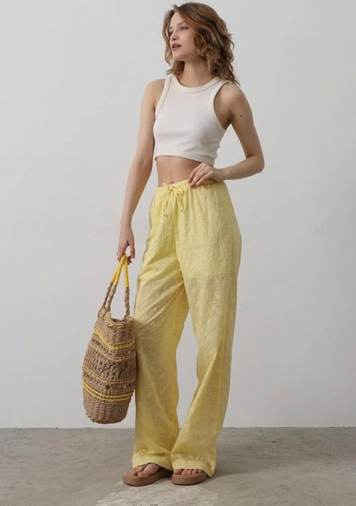 Beli Bağlamalı Brode Pantolon - Sarı