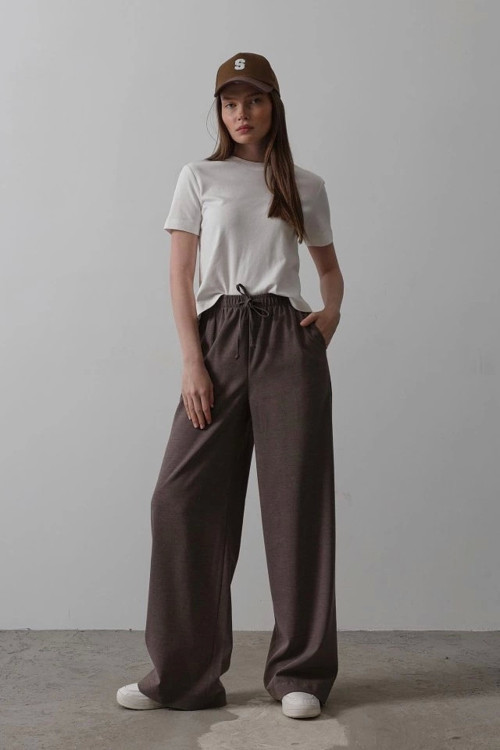 Beli Lastikli Bol Paça Pantolon - Kahve
