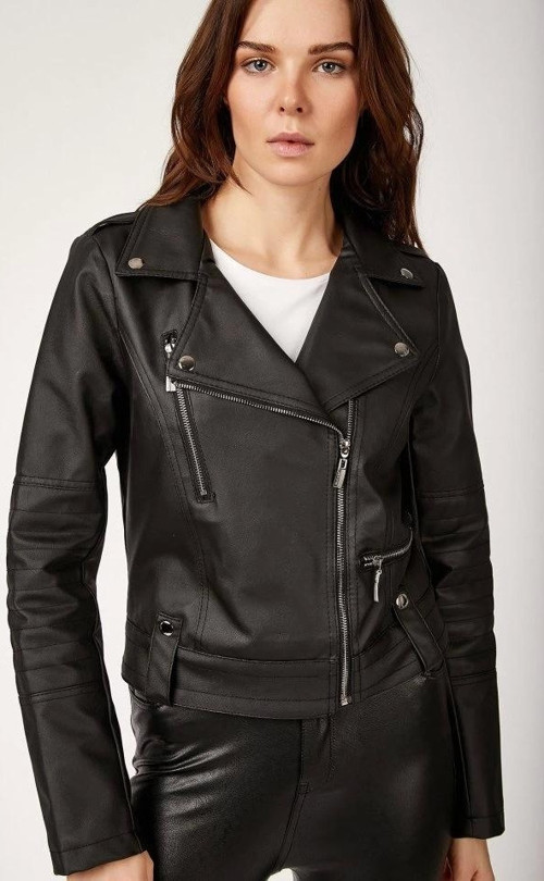 1025 Suni Deri Biker Ceket - Siyah