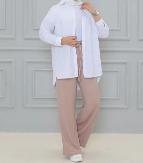 Krem renk Beli Lastikli Bürümcük Kumaş geniş paça Pantolon