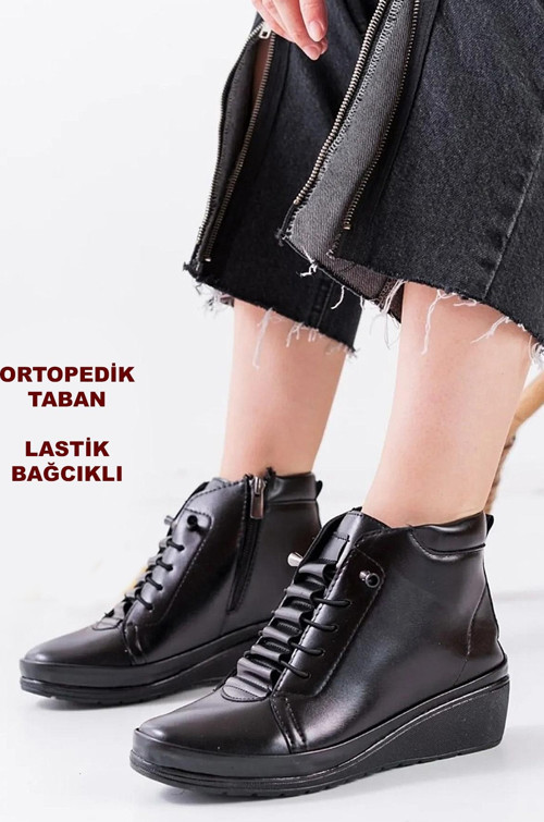 140 Ortopedik Taban Cırtlı Siyah Anne Botu Kadın Bot Postal Çizme