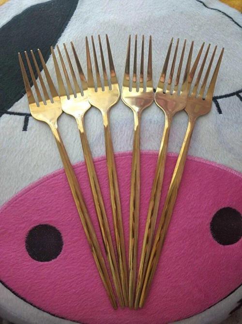 Büro Ev Ofis Mutfağı için 6ADET 22CM Golden Çelik Titanyum Kaplı Yemek Çatalı Seti