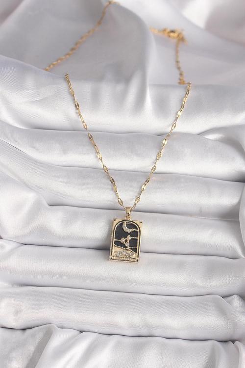 Zarif Kadın için Golden Çelik Zirkonlu Ay Tarot Kolye