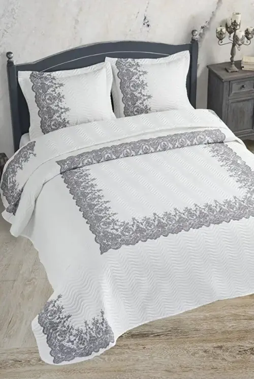 Çift Kişilik Microfiber Kapitone Yatak Örtüsü Dantel Gri