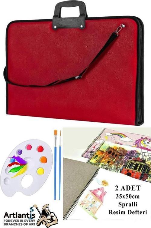Resim Çantası 35x50 cm Resim Defteri Palet Fırça Seti 1 Paket Kırmızı Resim Proje Çantası Fermuarlı Kulplu 37x54 cm