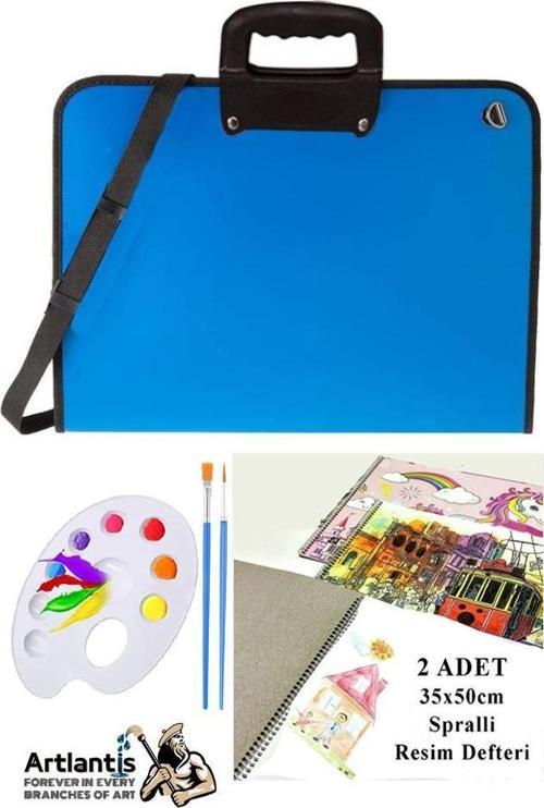 Resim Çantası 35x50 cm Resim Defteri Palet Fırça Seti 1 Paket Mavi Resim Proje Çantası Fermuarlı Kulplu 37x54 cm