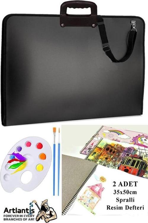 Resim Çantası 35x50 cm Resim Defteri Palet Fırça Seti 1 Paket Siyah Resim Proje Çantası Fermuarlı Kulplu 37x54 cm
