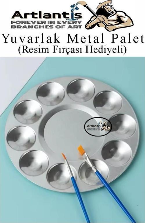 Yuvarlak Metal Palet 1 Adet Metal Boya Paleti 10 Hazneli 17 cm Paslanmaz Resim Boyama Paleti Fırça Hediyeli