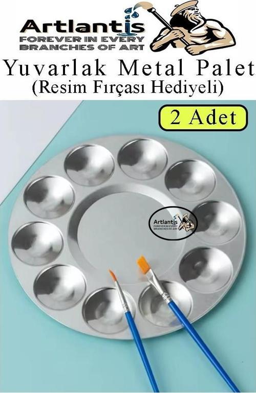 Yuvarlak Metal Palet 2 Adet Metal Boya Paleti 10 Hazneli 17 cm Paslanmaz Resim Boyama Paleti Fırça Hediyeli