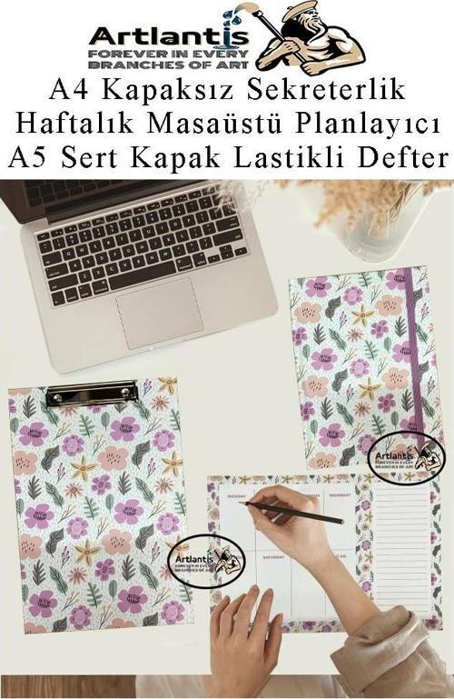 Desenli A4 Kapaksız Sekreterlik Masaüstü Haftalık Planlayıcı ve A5 Sert Kapak Lastikli Defter Planner Planlama Seti Ofis