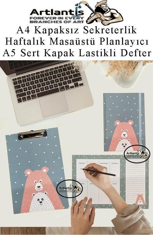 Desenli A4 Kapaksız Sekreterlik Masaüstü Haftalık Planlayıcı ve A5 Sert Kapak Lastikli Defter Planner Planlama Seti Ofis