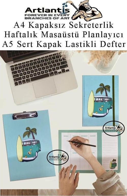 Desenli A4 Kapaksız Sekreterlik Masaüstü Haftalık Planlayıcı ve A5 Sert Kapak Lastikli Defter Planner Planlama Seti Ofis