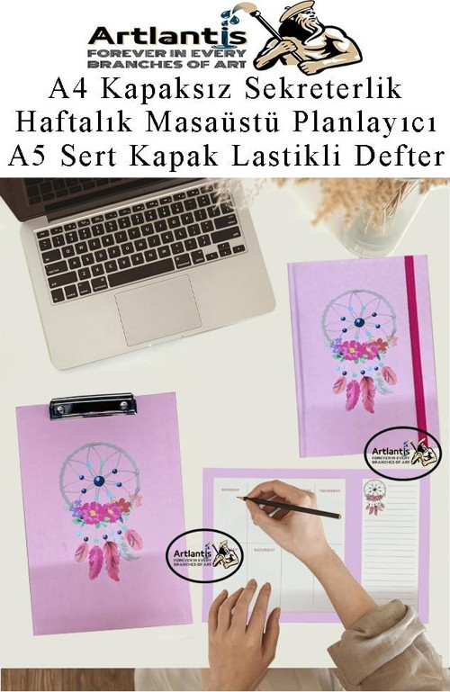 Desenli A4 Kapaksız Sekreterlik Masaüstü Haftalık Planlayıcı ve A5 Sert Kapak Lastikli Defter Planner Planlama Seti Ofis