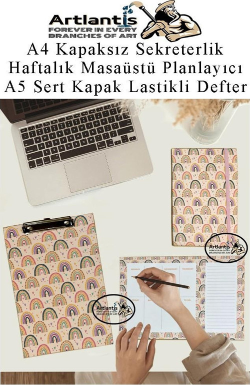 Desenli A4 Kapaksız Sekreterlik Masaüstü Haftalık Planlayıcı ve A5 Sert Kapak Lastikli Defter Planner Planlama Seti Ofis