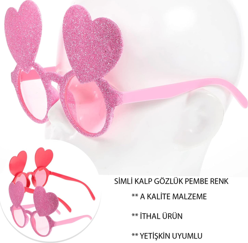 Pembe Renk Sim İşlenmiş Kalp Figürlü Parti Gözlüğü
