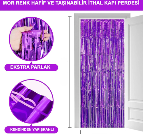 Mor Renk Ekstra Metalize Parlak Saçaklı Arka Fon Perde İthal A Kalite 1x2 Metre