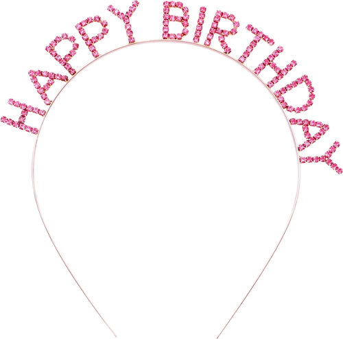 Pembe Renk Kristal Taşlı Gold Renk Kaplama Happy Birthday Taç 16x17 Cm