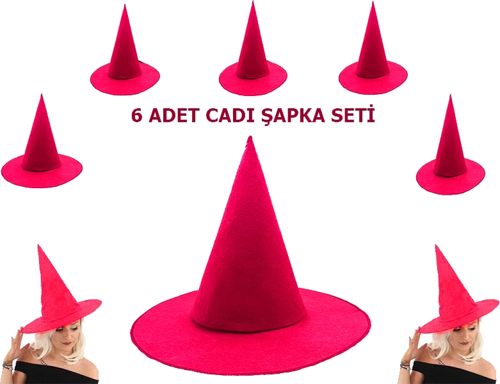 Pembe Fuşya Renk Keçe Cadı Şapkası Yetişkin Çocuk Uyumlu 6 Adet