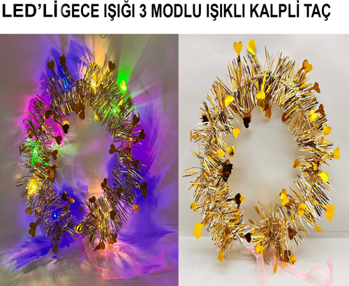 Kalp Püsküllü Gece Parıltısı 3 Modlu Led39li Işıklı Taç Altın Renk