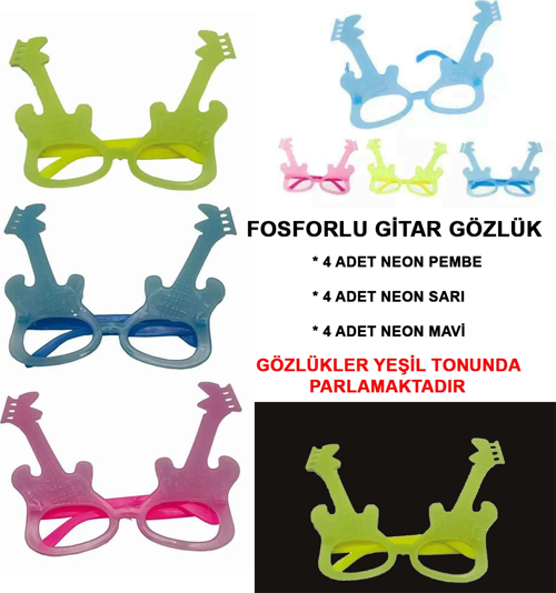 Fosforlu Gitar Model Glow Parti Gözlüğü Karanlıkta Yanan Gözlükler 12 Adet
