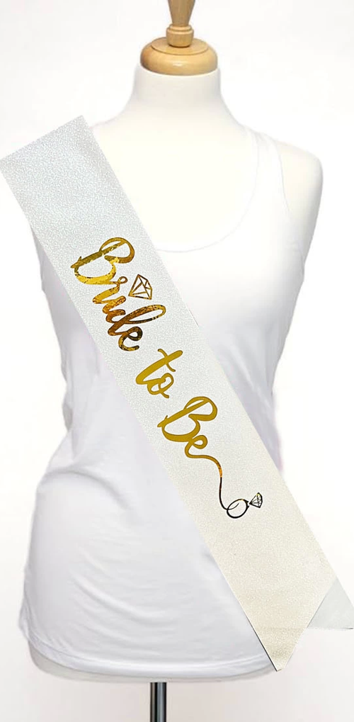 Beyaz Üzeri Altın İtalik Alyanslı Bride To Be Yazılı Simli Işıltılı Kuşak Kemer 10x80 Cm
