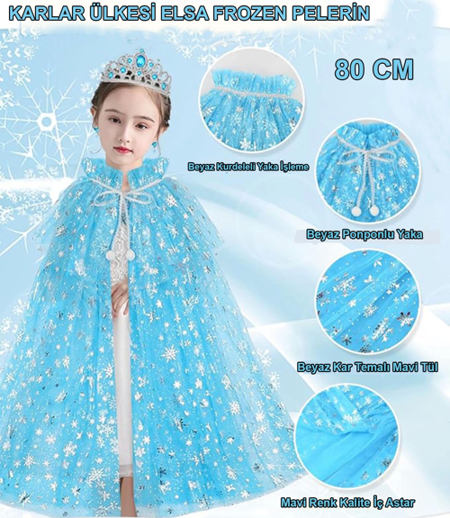 Karlar Ülkesi Elsa Frozen Mavi Pelerin – 80 Cm Kar Desenli Çocuk Pelerini ( Taç Hariç )