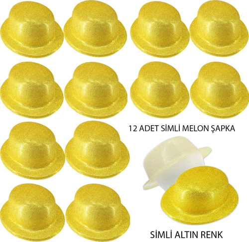 Altın Renk Simli Melon Yuvarlak Parti Şapkası 12 Adet