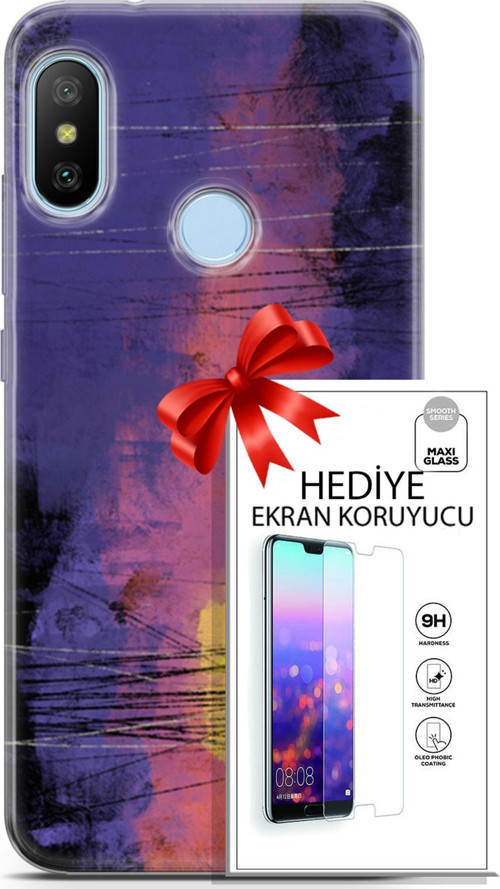 Xiaomi Mi A2 Lite Kılıf Orijinal Seri Nature 04 Mor Kırmızı Silikon Kılıf + Ekran Koruyucu Full Koruma