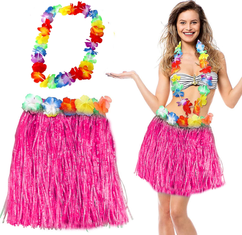 Hawaii Luau Aloha Pembe Püsküllü 40 Cm Etek Ve Hawaii Kolye Seti