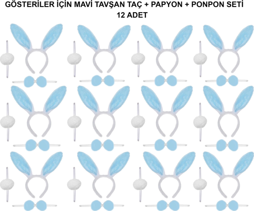 Mavi Tavşan Kostüm Seti – Taç, Papyon, Ponpon (12’li Paket)