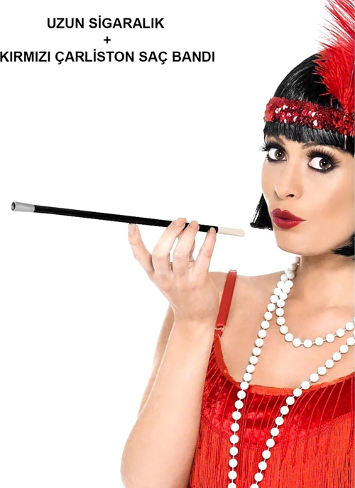 192039ler 199039lar Gatsby Kadın Aksesuar Seti – Kırmızı Charleston Saç Bandı Ve Lık