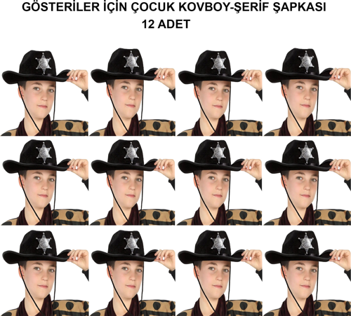 Kovboy Şerif Şapkası Siyah 12 Adet - Kostüm, Parti Ve Gösteri Şapkası