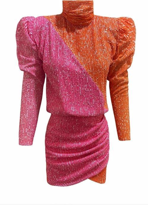 Official Pembe Turuncu Renk Bloklu Elbise