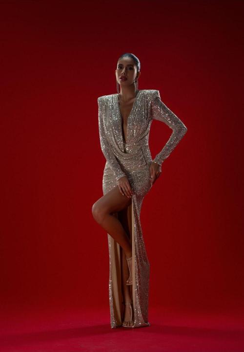 Official Gümüş/Bej Payetli Drape Detaylı Uzun Elbise