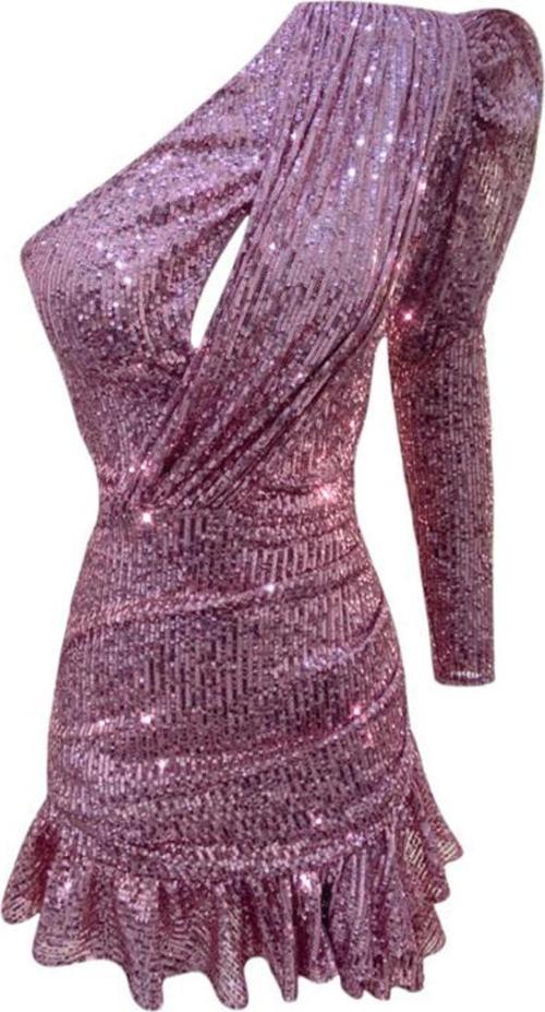 Official Payetli Tek Kol Fırfırlı Elbise Pembe