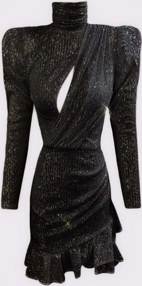 Official Siyah Payetli Fırfırlı Elbise