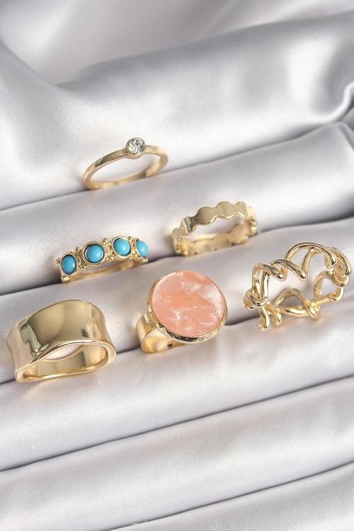 Pirinç Gold Renk Daire Pembe Mineli Zirkon Taş Detaylı 6'Lı Kadın Yüzük Seti - EBJ250301W31422